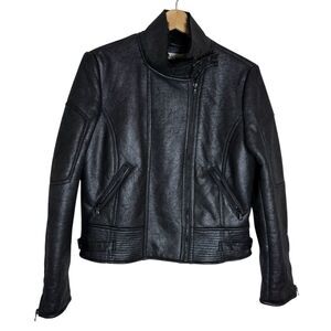 Kenneth Cole Black Faux Shearling and Leather Moto Motorcycle Sz L Jacket Womens